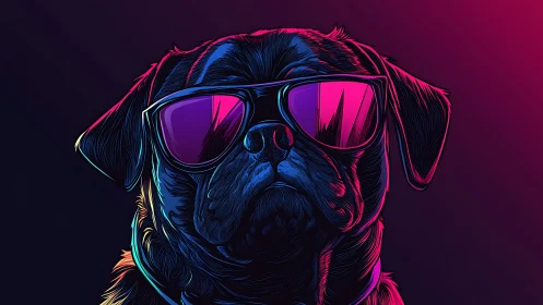 Stylized neon illustration depicts a dog wearing reflective glasses