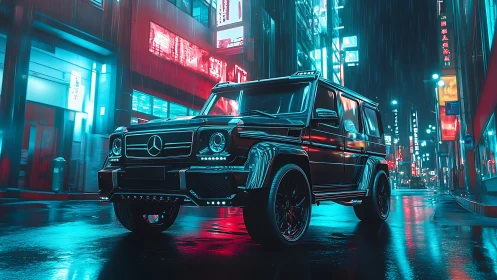 Mercedes SUV on neon lit city street at night in rain.