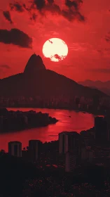 Red-tinted coastal city skyline and silhouetted mountain at sunset
