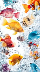 Colorful tropical fish swimming through clear water splash.