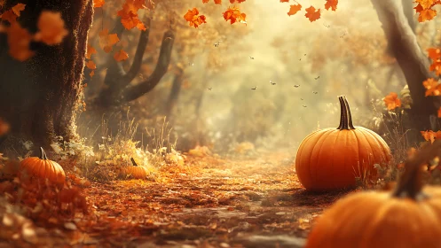 Pumpkins Rest Among Falling Autumn Leaves and Golden Light.