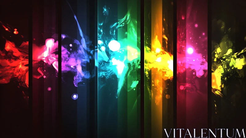 Prismatic paint storms streak across luminous dark panels.