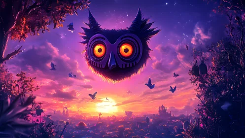Surreal twilight cityscape with glowing owl mask entity.