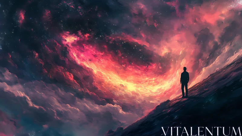 Solitary human figure observes vortex-like luminous sky field