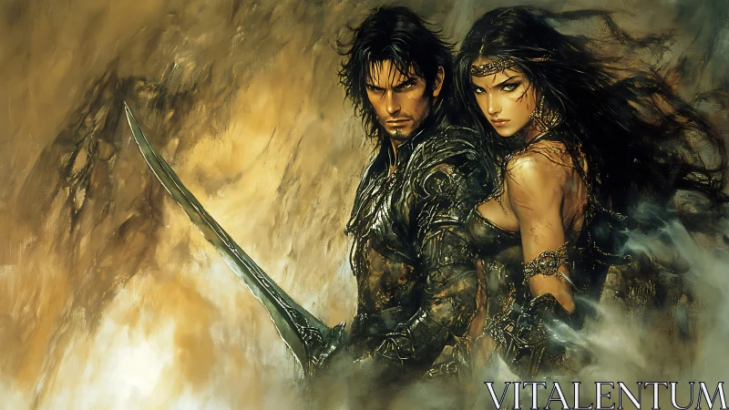 Warrior couple stands amid swirling golden battle mist.