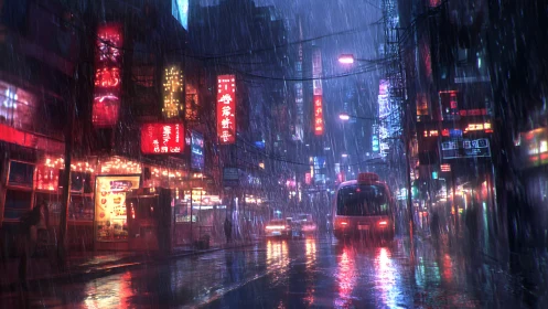 Neon city street glowing softly through a midnight rainstorm.
