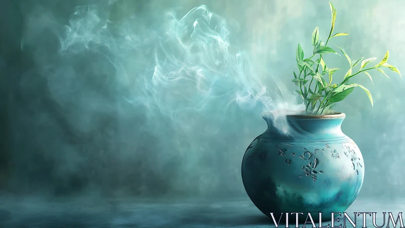 Soft teal incense pot sends gentle smoke around fresh leaves