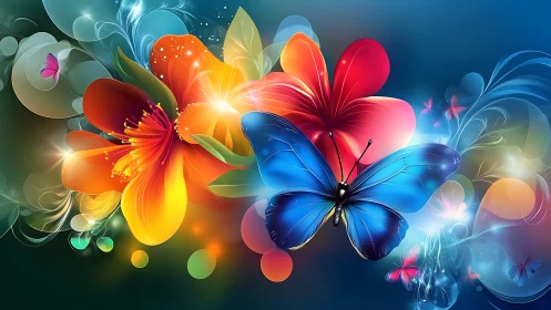 Luminous Digital Flowers and Butterflies on Blue Gradient