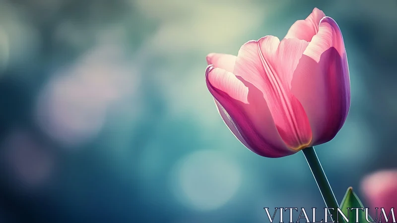 Soft pink tulip glowing gently against a dreamy blue haze.