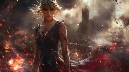 Battle-scarred woman stands in burning post-war ruins.