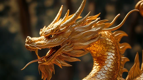Golden scaled dragon render with dynamic cinematic lighting.