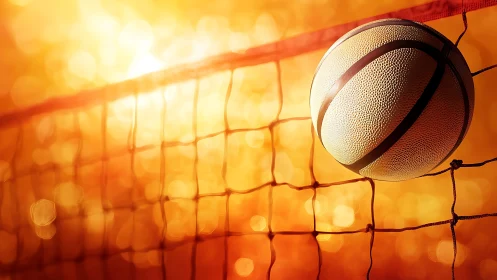 Sunlit volleyball net with ball captured in dynamic close-up