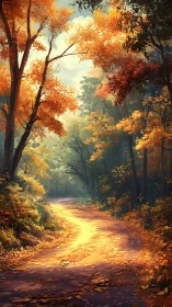 Forest pathway with autumn foliage and golden lighting