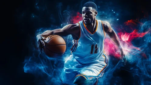 Dynamic dribbling guard rendered in luminous digital motion haze