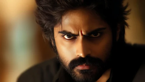 Intense close-up portrait of bearded man with fierce gaze.