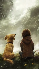 Child and dog sit in rain observing bright storm sky