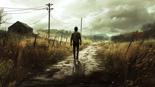 Solitary figure walks on rural dirt road under cloudy sky