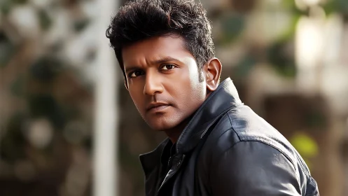 Thoughtful man in leather jacket against soft outdoor bokeh.