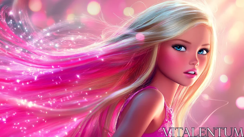 Glimmering blonde girl with magical pink flowing hair.