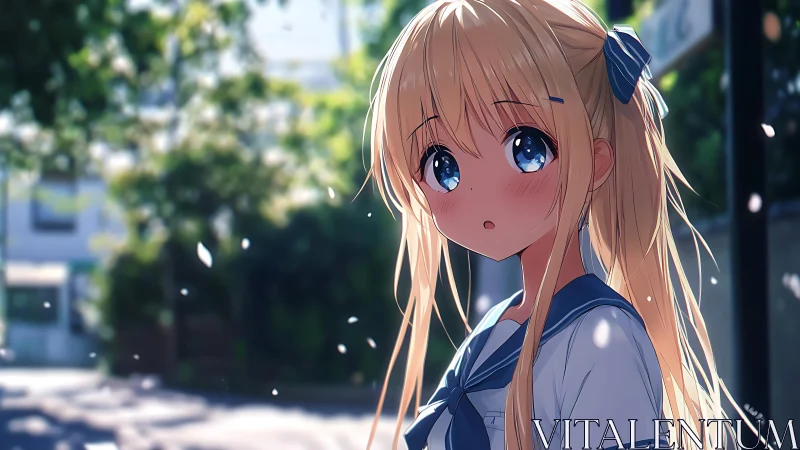 Blonde schoolgirl with blue eyes on a sunny city street.