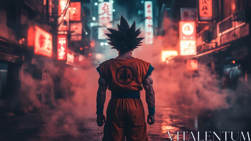 Spiky haired fighter in misty neon lit night street scene.