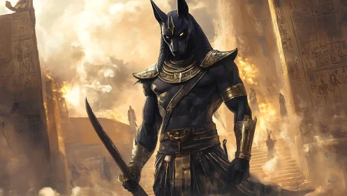 Jackal lord strides through burning sands of forgotten gods