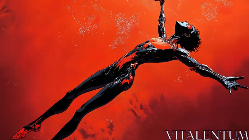 Crimson sky diver in liquid neon shadow armor ascends.