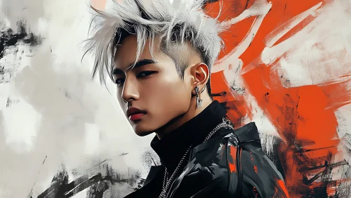 Electric gaze and silver hair against bold painted chaos.