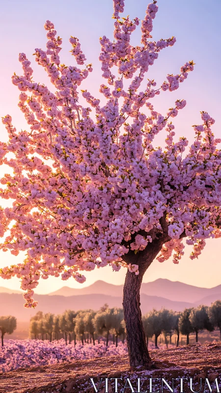 Sunlit cherry blossom tree over pastel mountain valley.