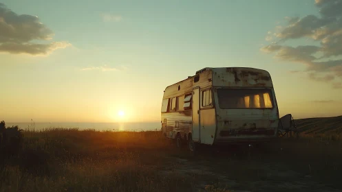 Rusty camper trailer stands in field facing bright coastal sunset