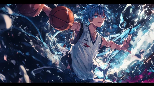 Dynamic anime guard drives through abstract court vortex.