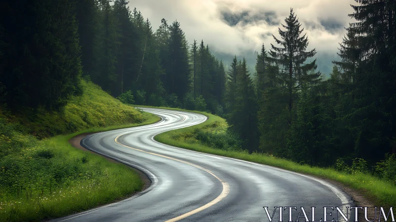 Winding Mountain Road Through Alpine Forests.