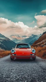 Crimson classic car pausing on a quiet mountain road.