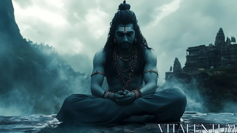 Stormlit mountain yogi in silent teal-swept twilight focus.