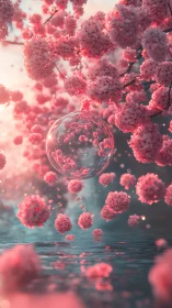 Floating glass sphere among clustered pink blossoms.