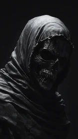 Shadowed reaper in flowing cloak, carved from quiet night.