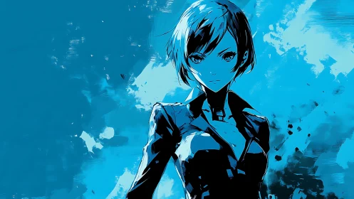 Monochrome cyan anime agent rendered with high‑contrast cel shading