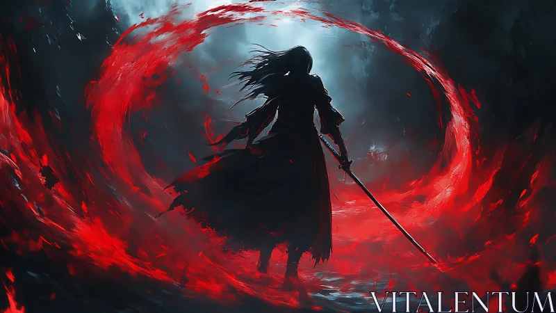 Blade-born tempest of crimson energy around lone warrior.