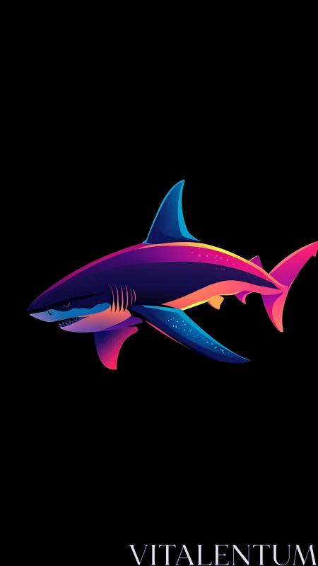 Neon twilight shark gliding through a midnight sea.