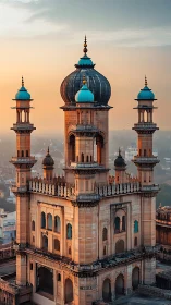 Photorealistic Indo-Islamic tower with domes at sunrise.