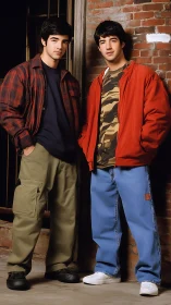 Easygoing friends share a relaxed moment by a brick wall