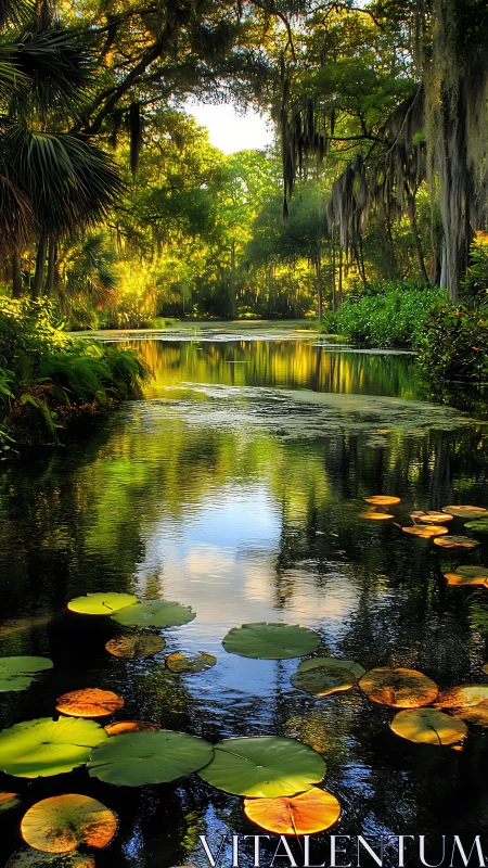 Sunlit forest river with reflective water and lilies.
