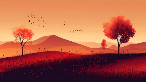 Crimson hills and silhouetted trees in minimalist sunset landscape.