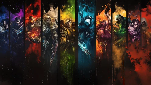 Colorful fantasy heroes united in a dramatic battle lineup.