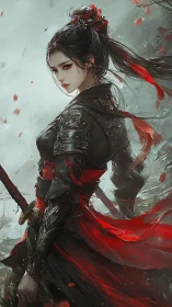 Warrior maiden in red and black stands in stormy silence