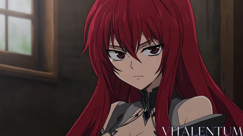 Red haired anime warrior in dim wooden interior.