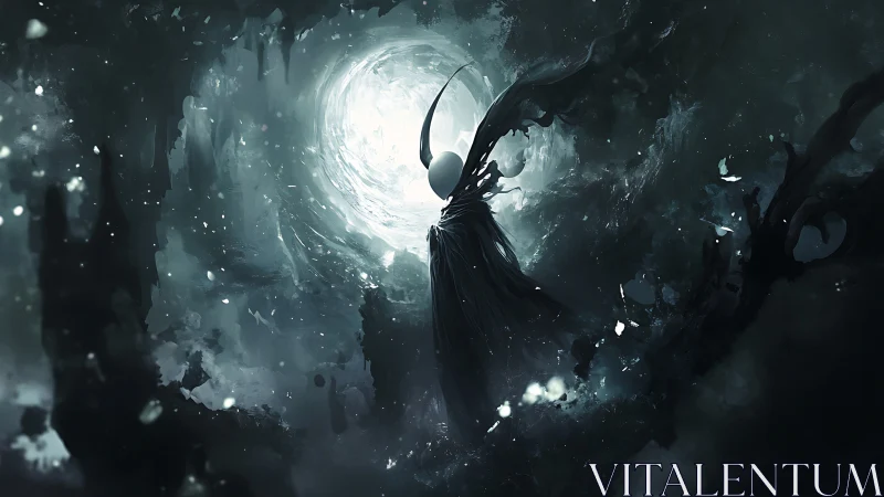 Void-cloaked wraith ascending before a blinding abyssal moon.