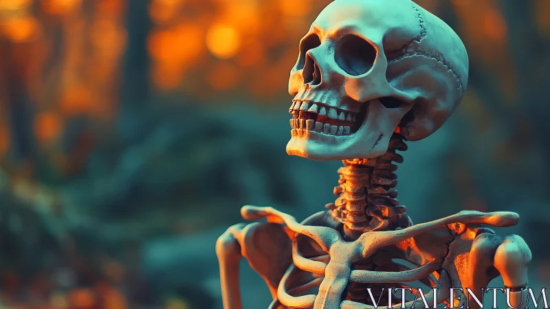 Sunlit human skeleton model in shallow depth forest bokeh