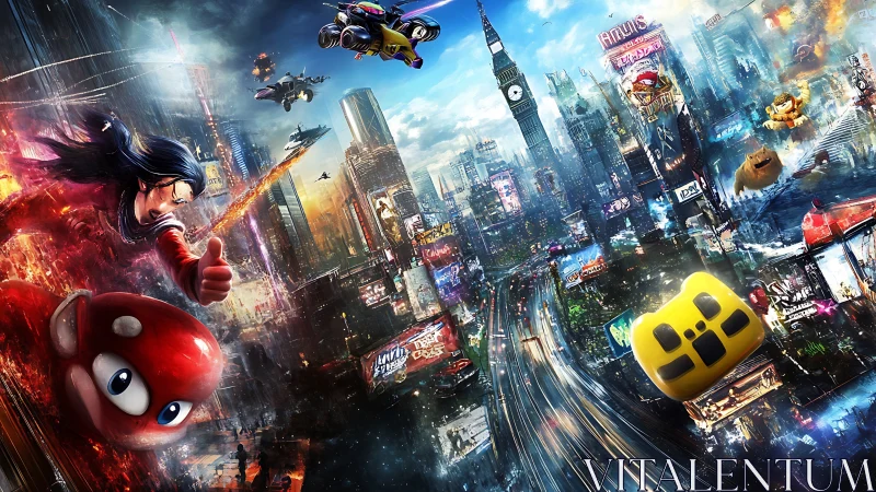 Arcade heroes collide above a neon-drenched future metropolis.