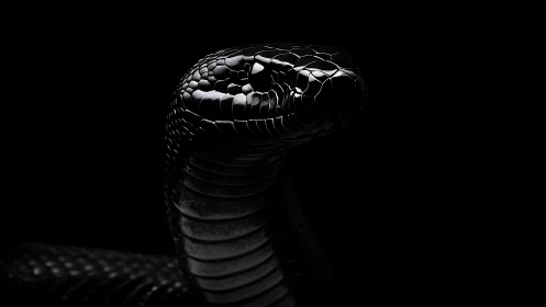 Gleaming black snake rising from the shadows in quiet focus.